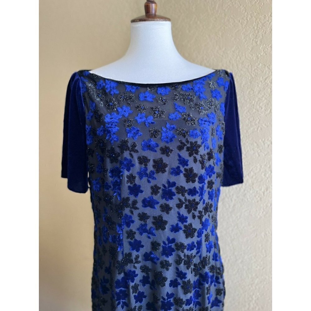T Tahari Women's Blue Riley Floral Velvet Boat neck Burnout Dress Size L - Picture 10 of 12